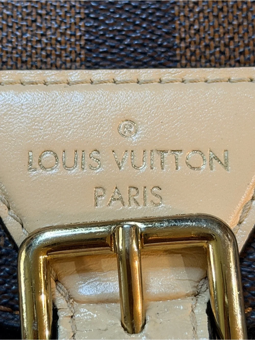Louis Vuitton Brown Damier Ebene Satchel with Black Front Panel and Tan Handle